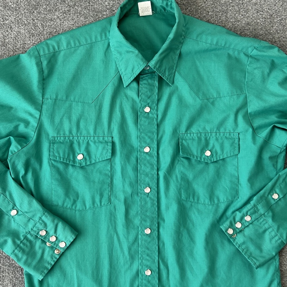 Vintage Malco Modes Western Pearl Snap Shirt Green Made USA Mens 16 33